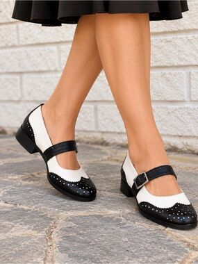 G.H. Bass Campus Black & White Leather Brogue Mary Jane Shoes